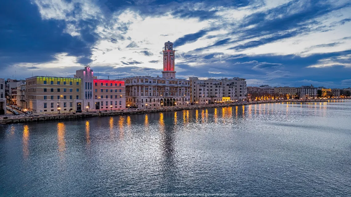 The waterfront of Bari at sunset, photographed from above