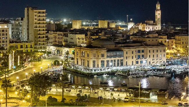Bari's old town at night: Margherita Theatre, Swabian Castle and cathedral