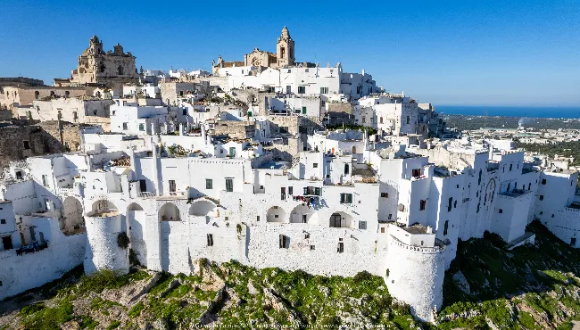 The ancient village of Ostuni, close-up aerial view
