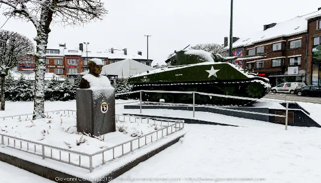 One Sherman M4 Barracuda at the square dedicated to General Mc Auliffe 