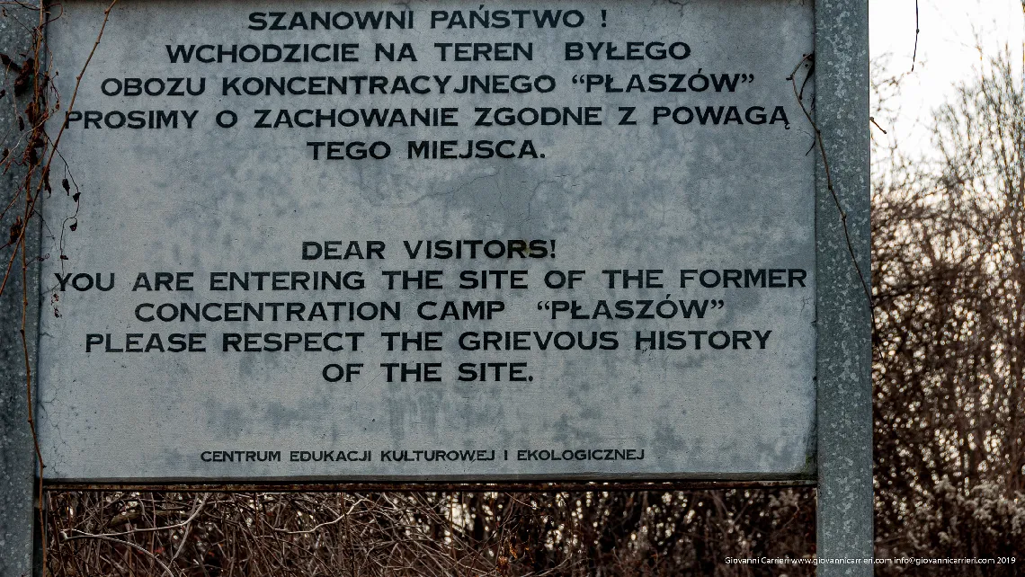 The sign at the main entrance to the Plaszów camp memorial area