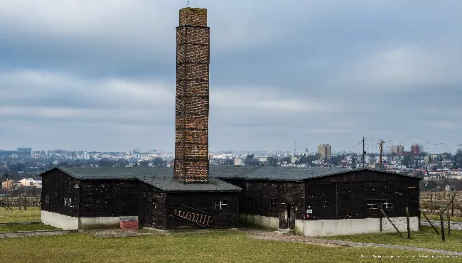 Reconstructed wooden building around the camp's original crematorium in Majdanek