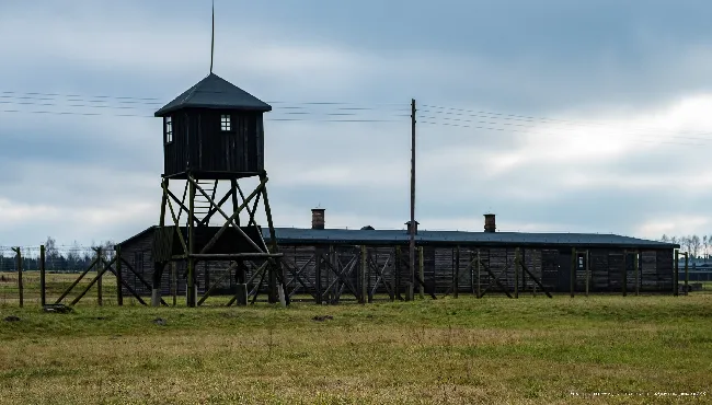 Barrack and guard tower in Majdanek