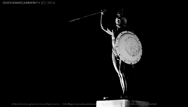 The statue of Leonidas at Thermopylae, night view