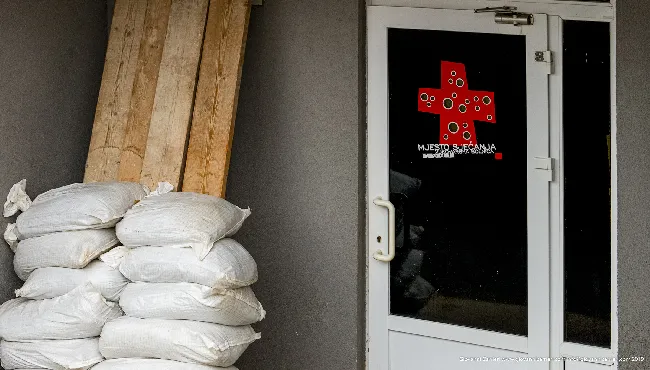 The protected entrance of the hospital in Vukovar