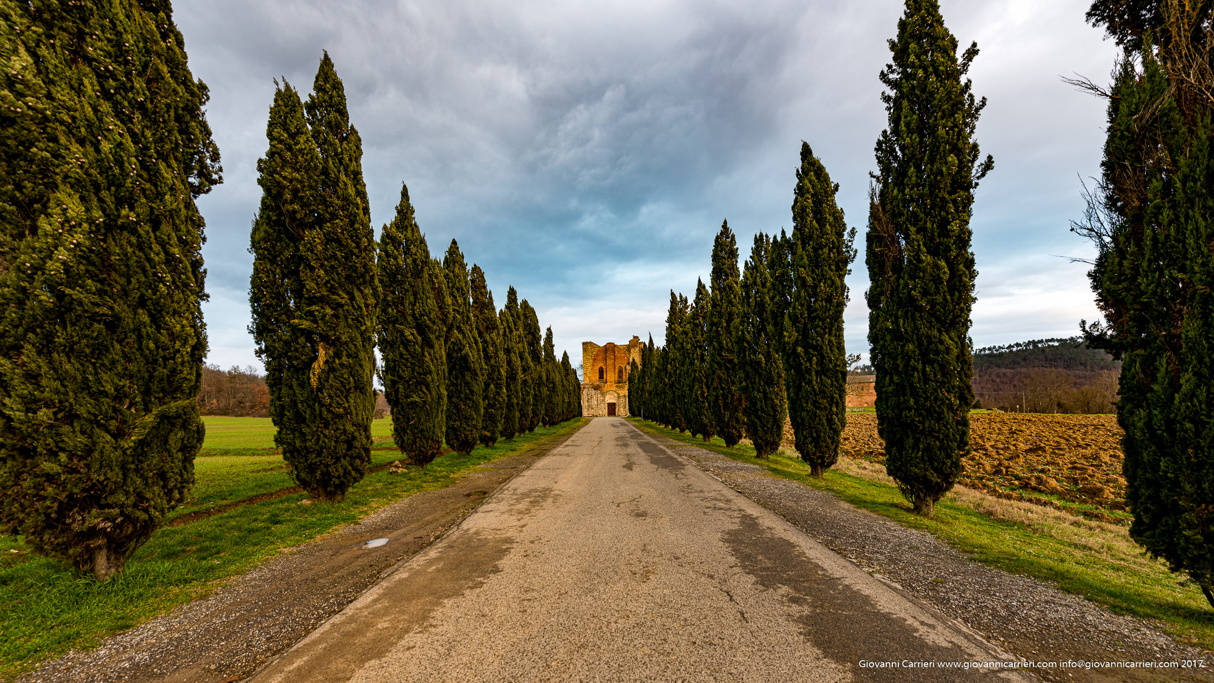 Ruins of San Galgano Abbey and its tree-lined street