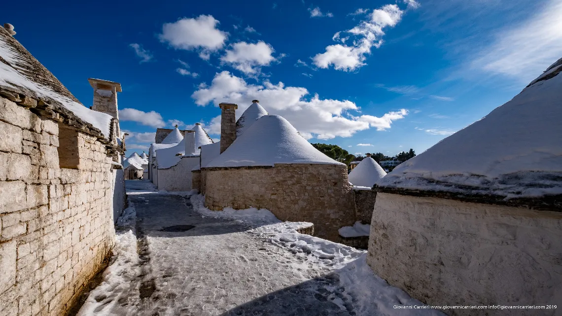 A beautiful sunny day after a heavy snowfall, Alberobello