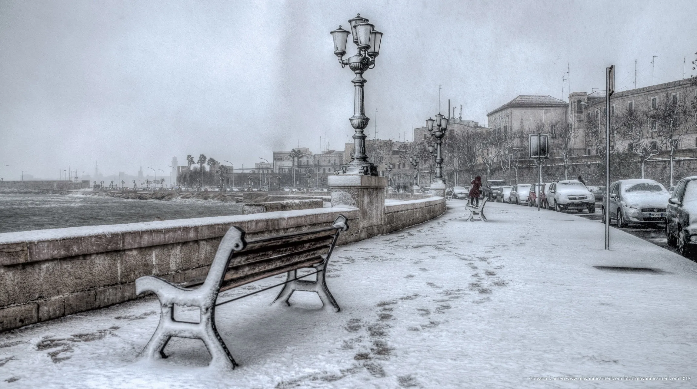 Bari waterfront seen from old town during snowstorm