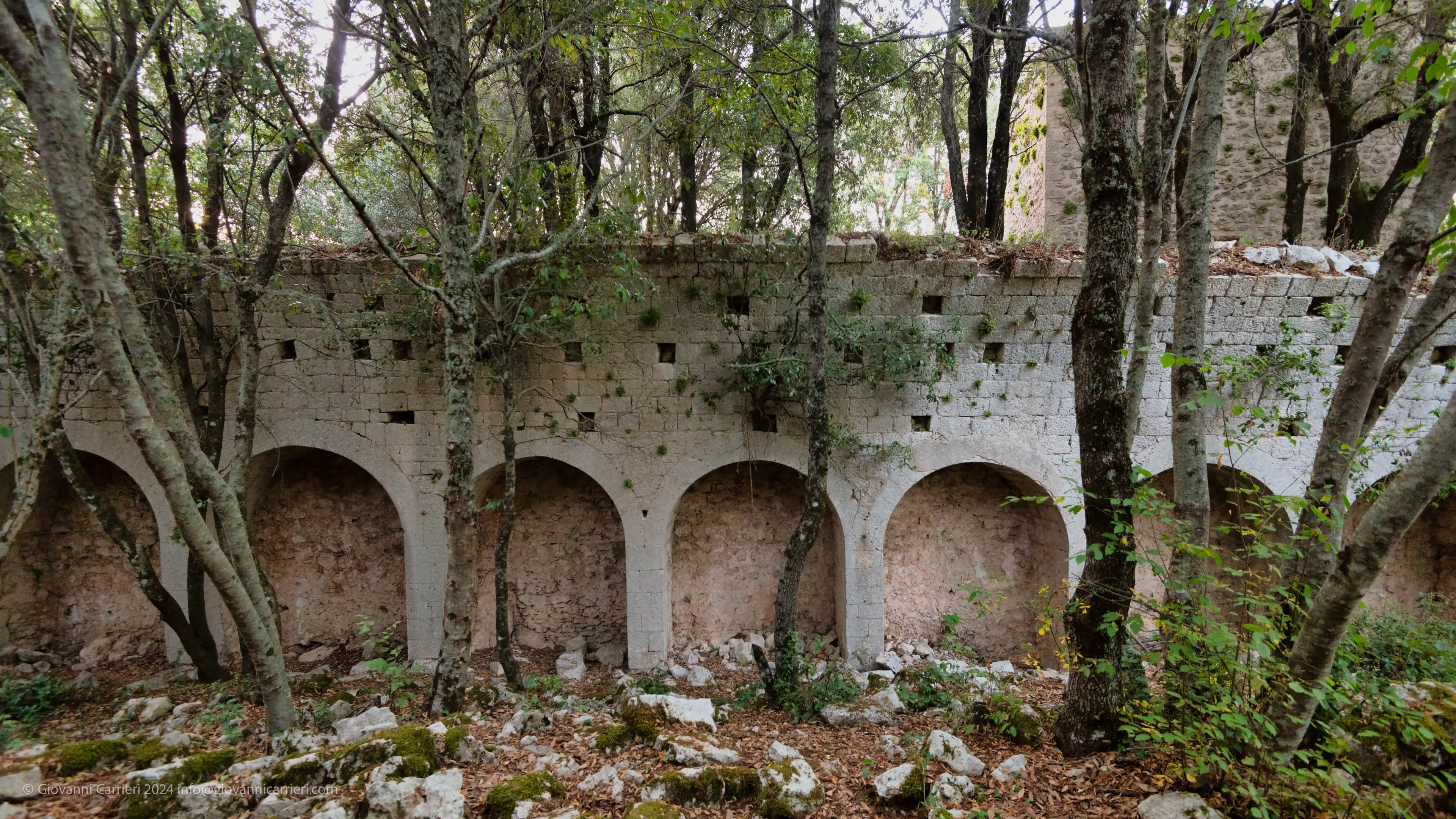 The ruined walls of the Benedictine Abbey on Monte Sacro