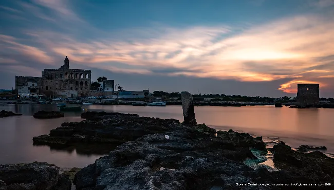 An overview at sunset of the Abbey of San Vito, Polignano a mare