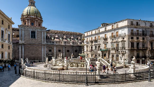 The Pretoria fountain viewed from the Church of Santa Caterina in Palermo.