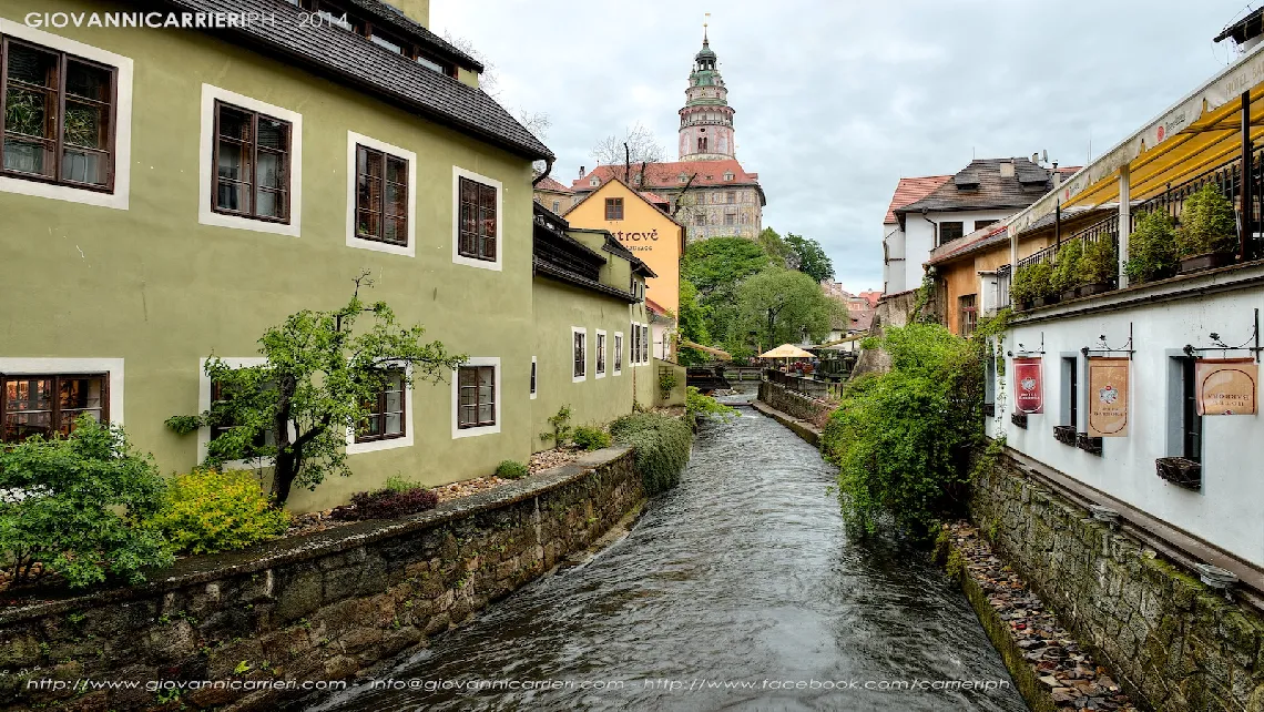 The channel of the Vltava river runs through the town of Český Krumlov
