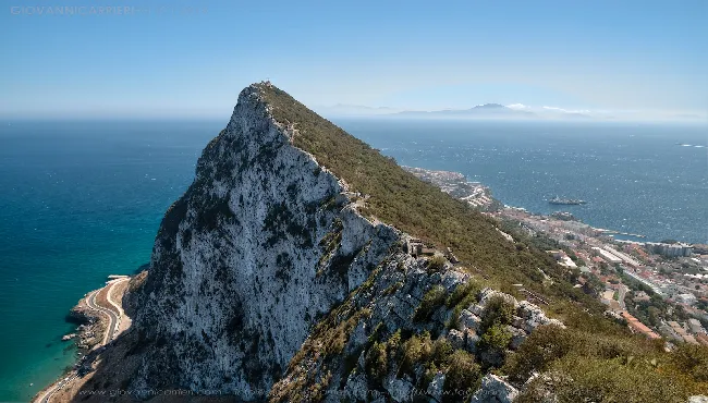 The Rock of Gibraltar and the mountains of Africa. Between the Mediterranean Sea and the Atlantic Ocean