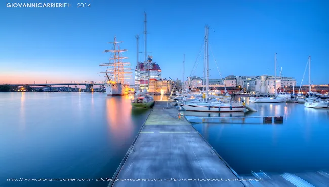 Panoramic View of Gothenburg from the shore. The Viking boat and conference center called "lipstick"
