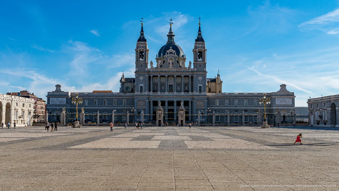 The facade of the cathedral of Almudena, dedicated to the patron saint of the city, the Virgen de la Almudena