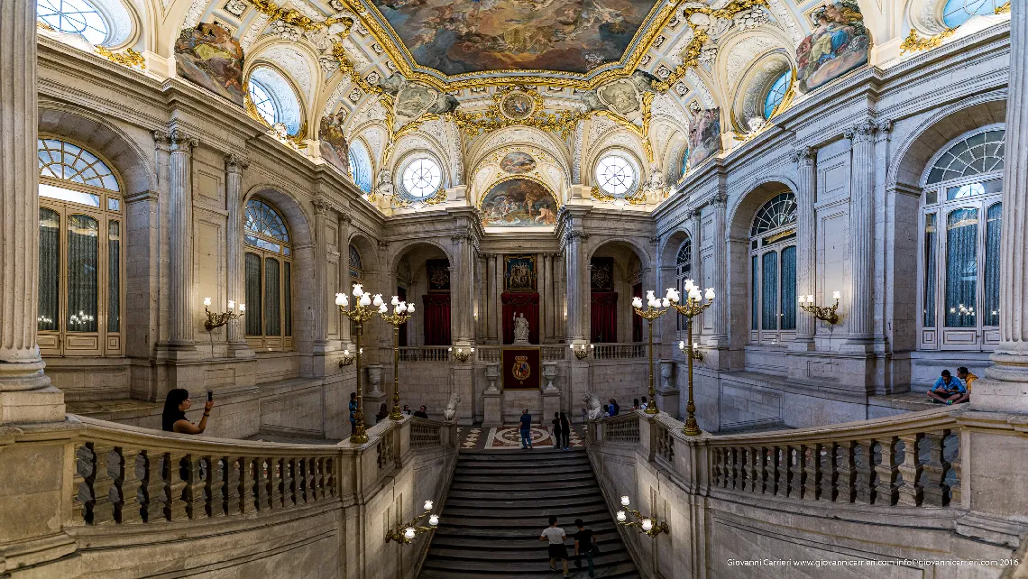 Wide-angle view of the entrance staircase to the Royal Palace of Madrid