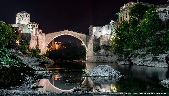 Night view of the bridge of Mostar