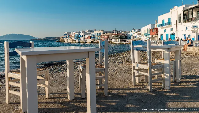 View of Little Venice from the beach with tables