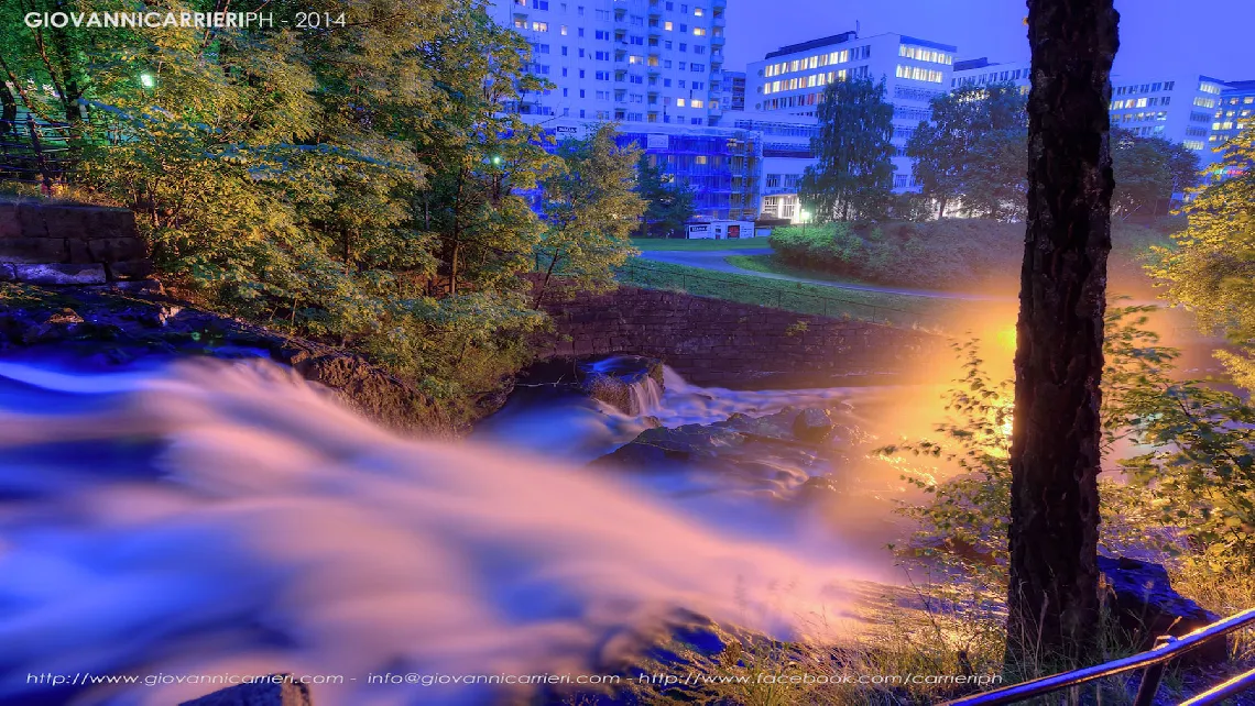 Night view of the waterfalls of the river Akerselva. Oslo