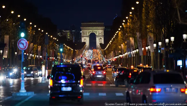 Arc de Triomphe and Champs-Elysees at Night, Paris