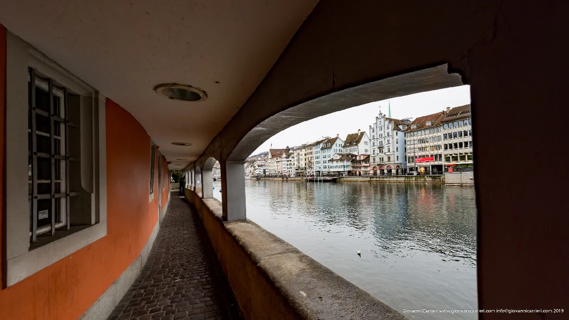 Covered street of Zurich over Limmat river