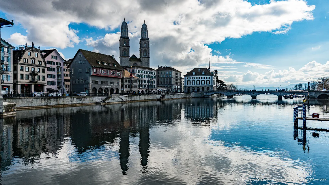 Grossmuenster viewed from Limmat river - Zurich