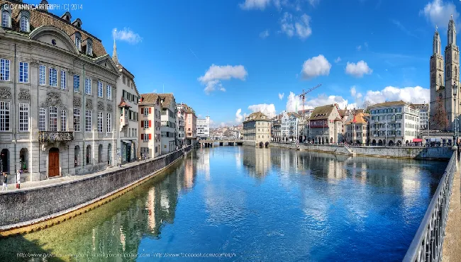 Panoramic View of Limmat River with Grossmunster, Zurich