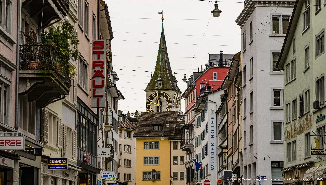 Rennweg Street with St. Peter Bell Tower, Zurich
