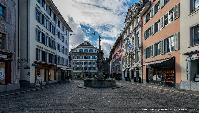 Square with Fountain in Zurich Historic Center
